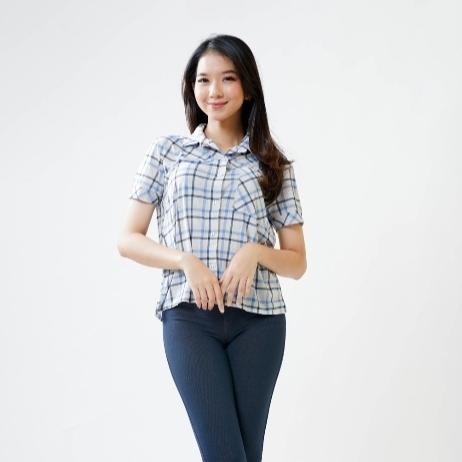 Gambar Baju Kemeja Hem atasan kotak checked wanita cewek remaja fashion Korea - Biru, XL dari Van Ferio Shop undefined Tokopedia