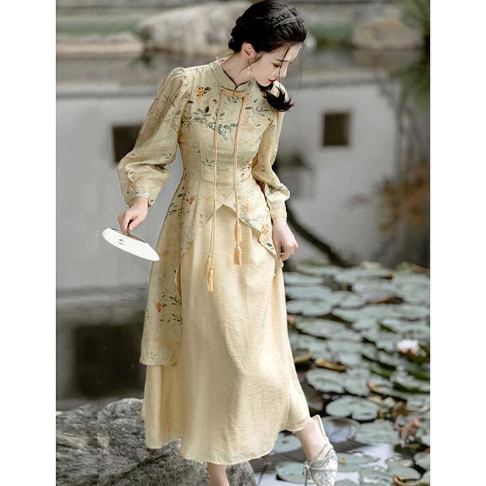 Gambar Retro Long Cheongsam Dress Gaun Retro Gaya Cina Baru Versi Harian - L dari onegplusstore undefined Tokopedia