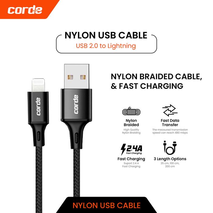 Gambar Kabel Data CORDE Nylon Lightning to USB-A 2.4A Fast Charging Support iPhone 14/13/12/11/X Charger Panjang 25cm 100cm 200cm - 0.25M dari Corde Jakarta Official undefined Tokopedia