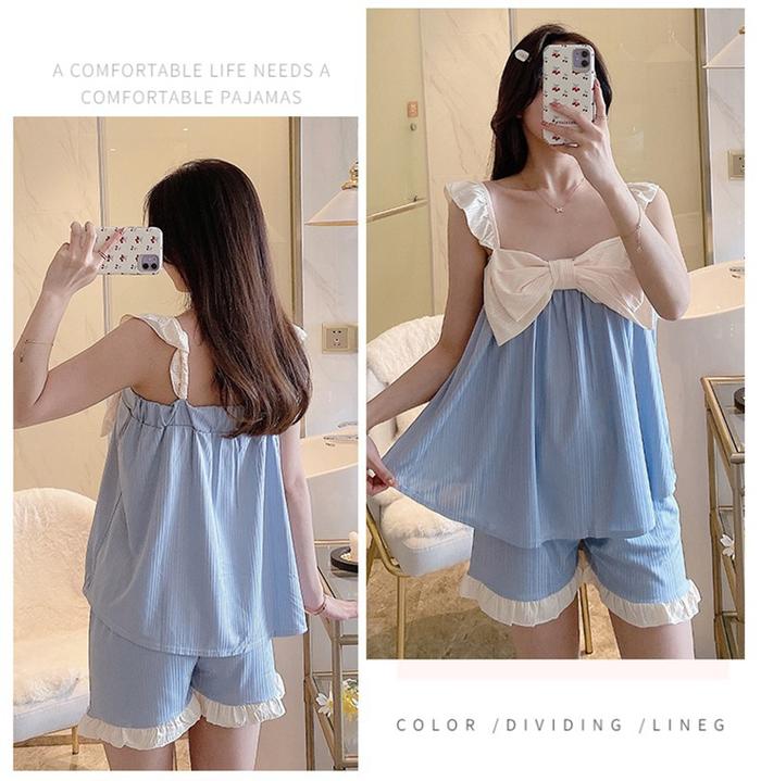 Gambar Setelan Baju Tidur Tanktop Model Pita Besar Desain Korea Size M- XXL - BLUE, XL (57-64 KG) dari Baaju ID undefined Tokopedia