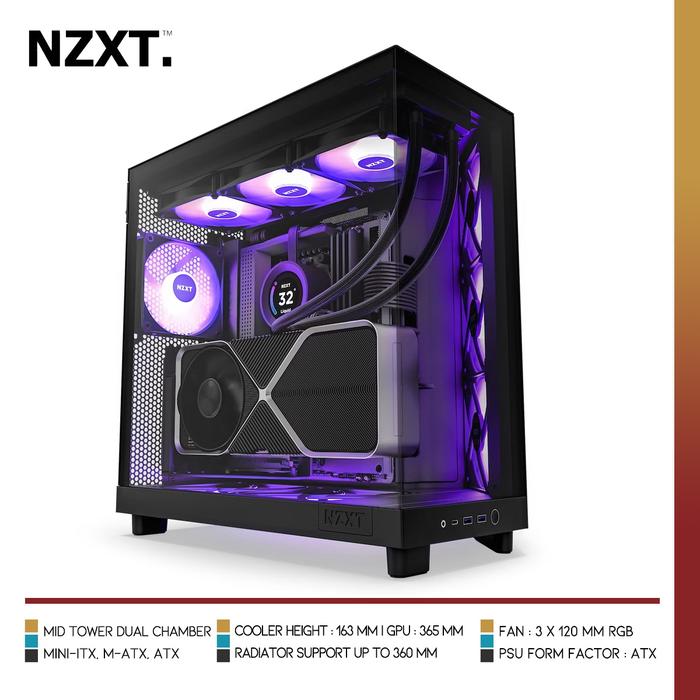 Gambar NZXT H6 Flow RGB | Compact Dual Chamber Mid Tower Airflow Case RGB FAN - Matte Black dari Nano Komputer undefined Tokopedia