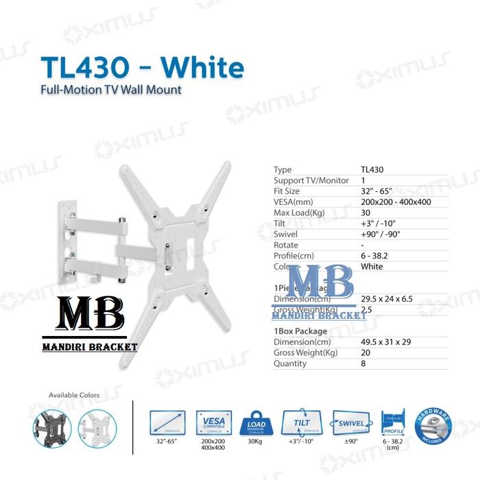 Gambar BRACKET TV SWIVEL  SIZE 32"-65" OXIMUS TL430 FULL-MOTION WALL MOUNT - Putih, SIZE- 32"-65" dari lapak bracket undefined Tokopedia