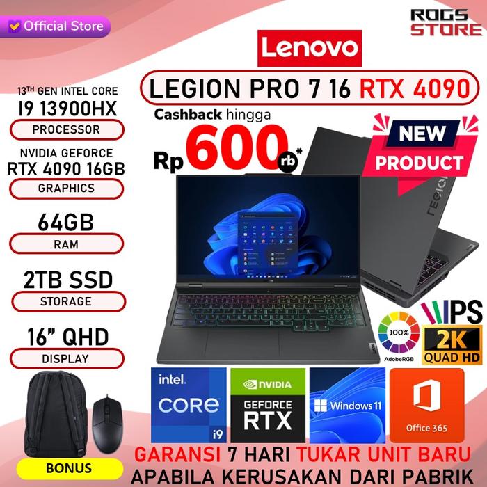 Gambar LENOVO LEGION PRO 7 16 RTX4090 CORE I9 13900 64GB 2TB SSD 16.0"QHD IPS - STANDARD, 32GB 2TB SSD dari ROGS STORE undefined Tokopedia