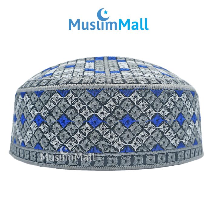 Gambar Peci Pakistan Abu-abu Bordir Putih Biru Kopiah Pakistani Ori - TheKufi - Abu - Biru, XXS - No.6 dari Muslim Mall undefined Tokopedia