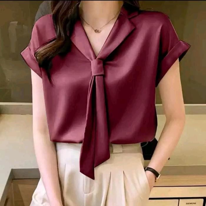 Gambar BLOUS WANITA CASUAL STYLE KOREA MODEL HYESUN /Polos Putih - Maron, M dari BRAYVILL undefined Tokopedia