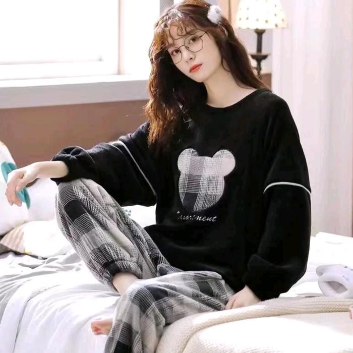 Gambar Stelan baju tidur lengan panjang bahan bulu halus lembut piyama bulu p - 10, L dari Piyama Lucu Nadyta undefined Tokopedia