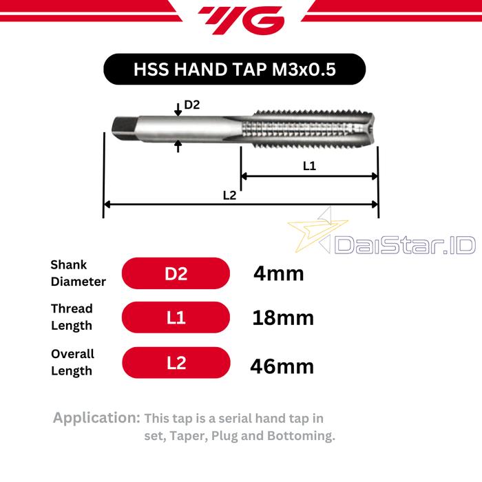 Gambar YG1 HSS Hand Tap Set M2|M3|M4|M5|M6|M7|M8|M9|M10|M12|M14|M16|M18-M30 - M3x0.5 dari Daistar Tooling ID undefined Tokopedia