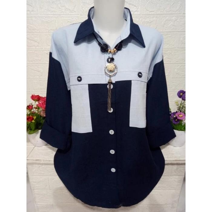 Gambar Atasan Kemeja wanita fashion kombinasi model kekinian A1932F - Navy dari SAKURA33 undefined Tokopedia