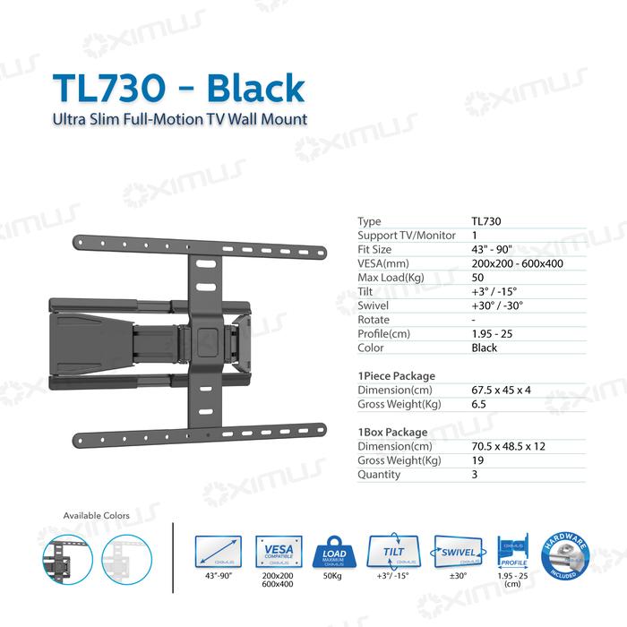 Gambar BRACKET ULTRA SLIM TV LED 43 - 90 Inch OXIMUS TL730 Full Motion Wall Mount - TL730 Hitam, Seller dari Abditama Official undefined Tokopedia
