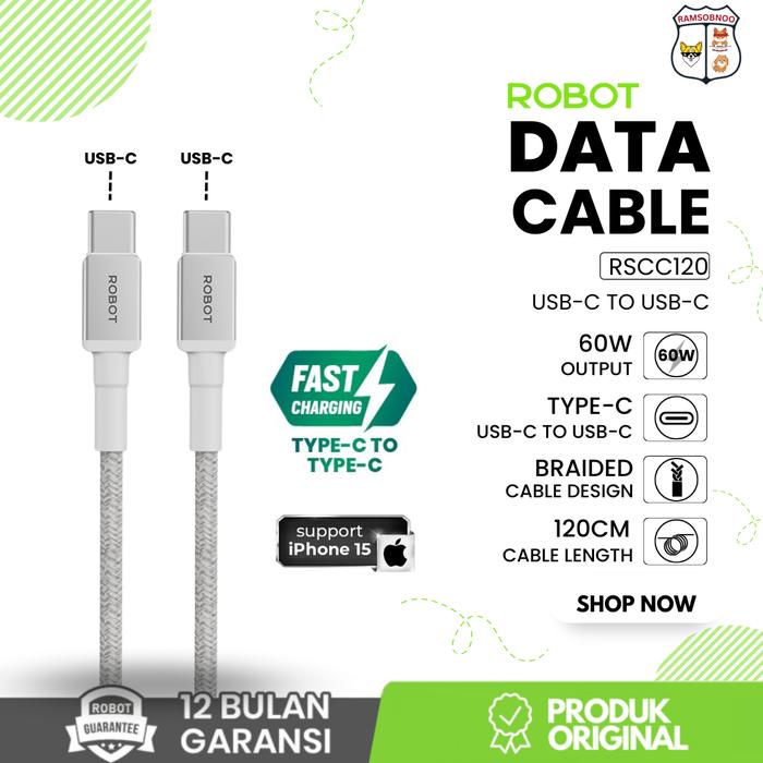 Promo ROBOT RSCC120 Kabel Cable Data USB-C To Type C 60W Fast
