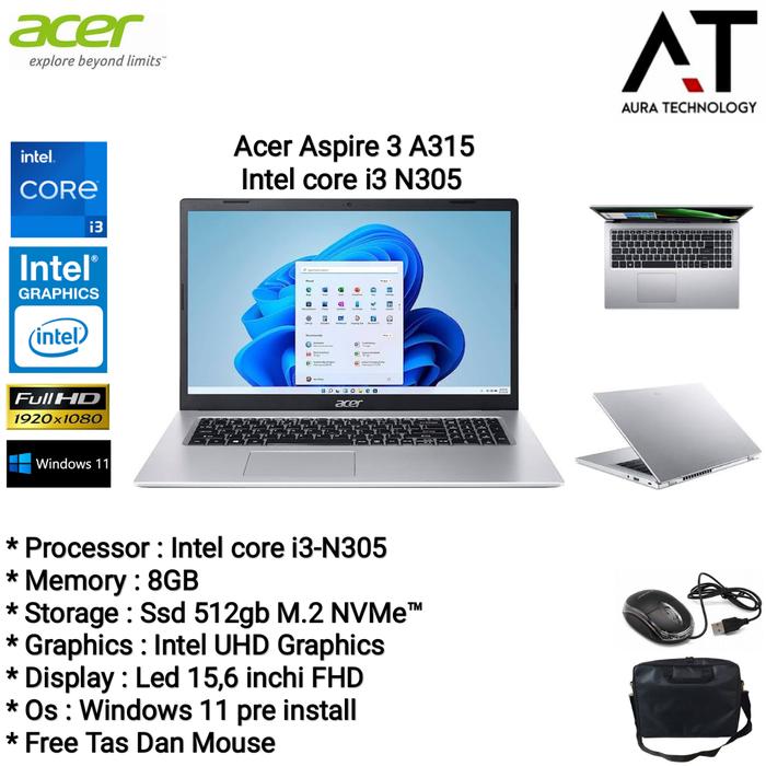 Gambar LAPTOP ACER ASPIRE 3 A315 i3-N305 8GB SSD 512GB 15,6" FHD - 8GB/SSD 256GB dari aura technology undefined Tokopedia