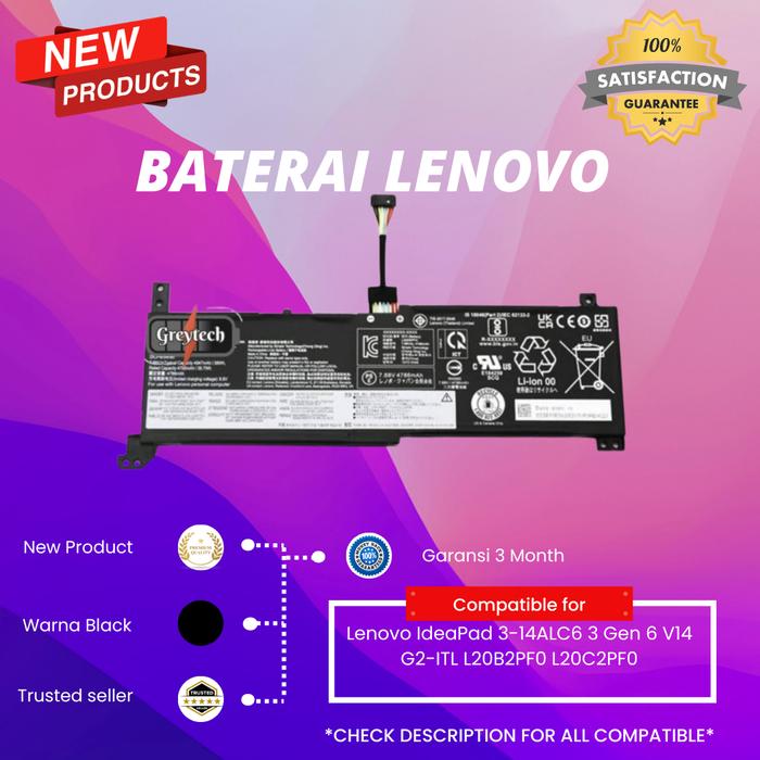 Batteria Ricambio Per Lenovo L20C2PF0 – IdeaPad S14, V14, V15, V17, G2, G3, 4650mAh, 7.7V, 2 Celle