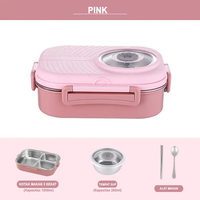 Gambar Kazumi Lunch Box Kotak Makan Stainless/Lunch Box Stainless Tahan Panas - 3 Sekat Pink dari Kazummi House undefined Tokopedia