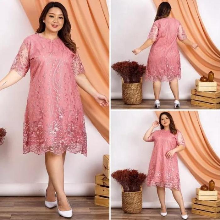 Gambar (DIJAMIN REALL PICT) DRESS JUMBO BRUKAT TILLE XL,XXL,XXL LD115-130cm - PINK, XL dari galery79 undefined Tokopedia