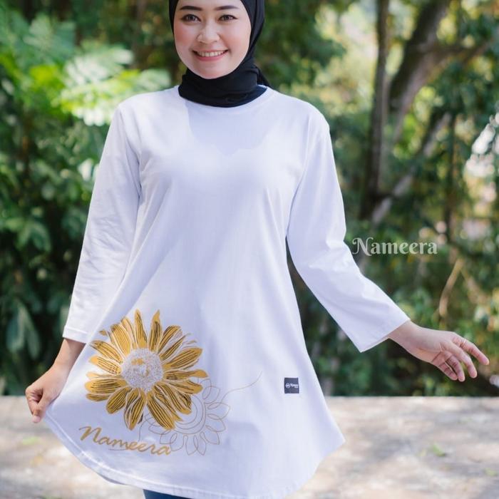Gambar Kaos Atasan Semi Tunik Bawah Oval Lengan 7/8 Nameera - Putih Bunga, M dari volanastore undefined Tokopedia