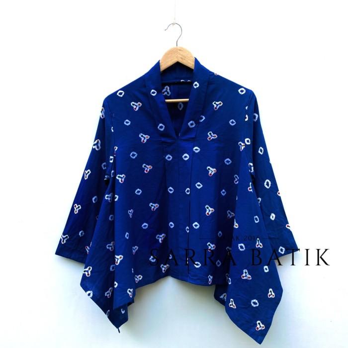 Gambar PREMIUM Blus Kartini Jumputan Batik Biru Atasan Kerja Kantor Wanita - Biru BCA, XXL LD 110cm dari Pusat Batik undefined Tokopedia