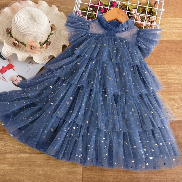 Gambar Dress Anak Perempuan Korea Style Tile Lapis Glitter Blink Star - Biru, 140cm dari Kids Fashion Koleksi undefined Tokopedia
