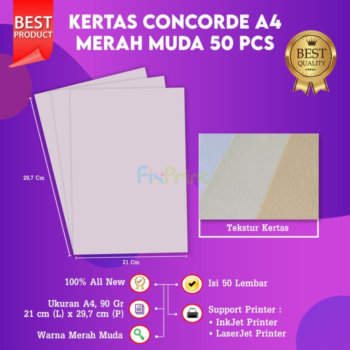 Gambar Kertas Concorde A4 90gr 1pack isi 50 Lembar Merah Muda 210mm x 297mm - Merah Muda dari FixPrint Indonesia undefined Tokopedia