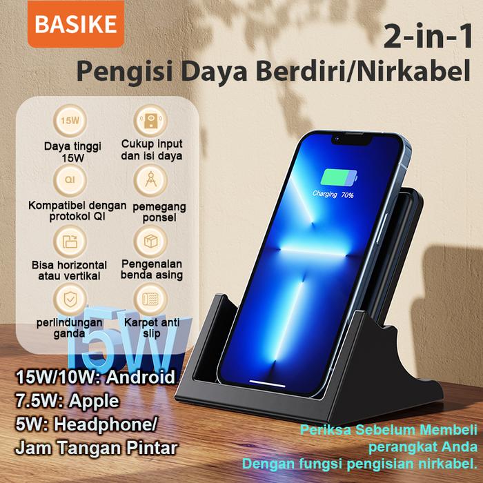 Gambar BASIKE Pengisi Daya Nirkabel 15W Qi Fast Charging 2 in 1 Hitam untuk iPhone Samsung Xiaomi Huawei Charger Wireless - WS25 dari Basike Official Shop undefined Tokopedia