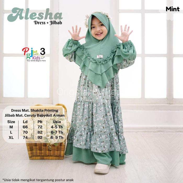 Gambar ALESHA GAMIS SYAR'I ANAK + JILBAB Original by PGJ Kids - Alesha - Mint, L dari LITTLE-MISS undefined 4 Tokopedia