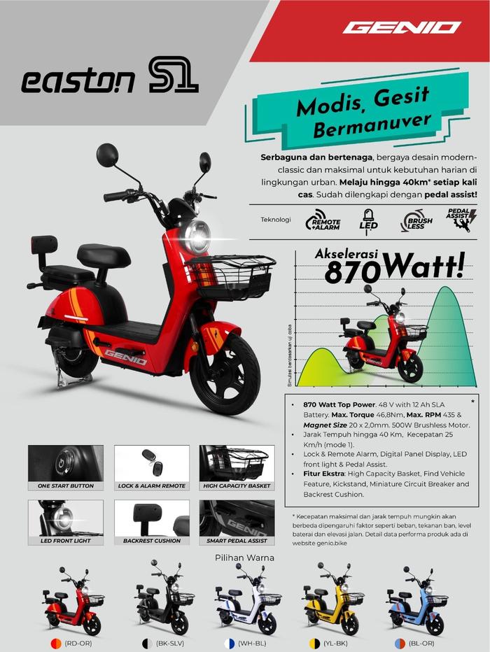 Gambar Sepeda Listrik Genio Easton S1 Electric E Bike Moped 870 Watt Garansi - Red dari Sepeda dan Motor Listrik undefined Tokopedia
