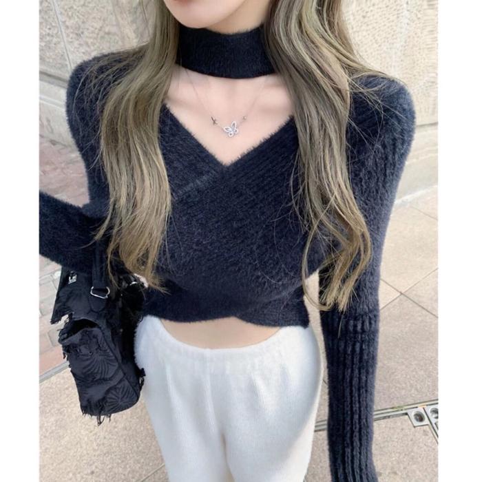 Gambar Cross Crop Top Korea Furry Cute Sexy Import Lengan Panjang - Hitam dari Dreamlike Fashion undefined Tokopedia