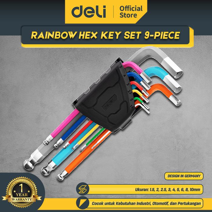 Gambar Deli Kunci L Set 9 Pcs Pelangi Ujung Bola 1.5-10mm / Hex Key DL232X09 - Long dari Deli Tools Official undefined Tokopedia