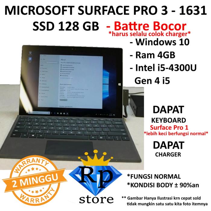Gambar Microsoft surface Pro/Go/RT 2/3/4/5/6/7/8/9/10 core i3/i5/i7 4/6/8 GB - pro3 Bad battry dari RP Store Tokopedia undefined Tokopedia
