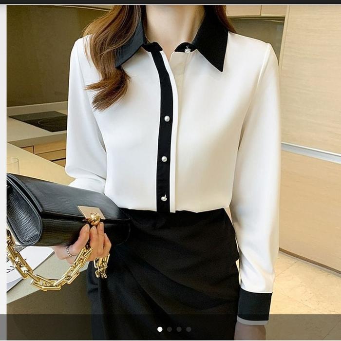 Gambar BRAYVILL FASHION BLOUSE/KEMEJA WANITA STYLE KOREA MODEL GISELA - putih lis hitam, M dari BRAYVILL undefined Tokopedia
