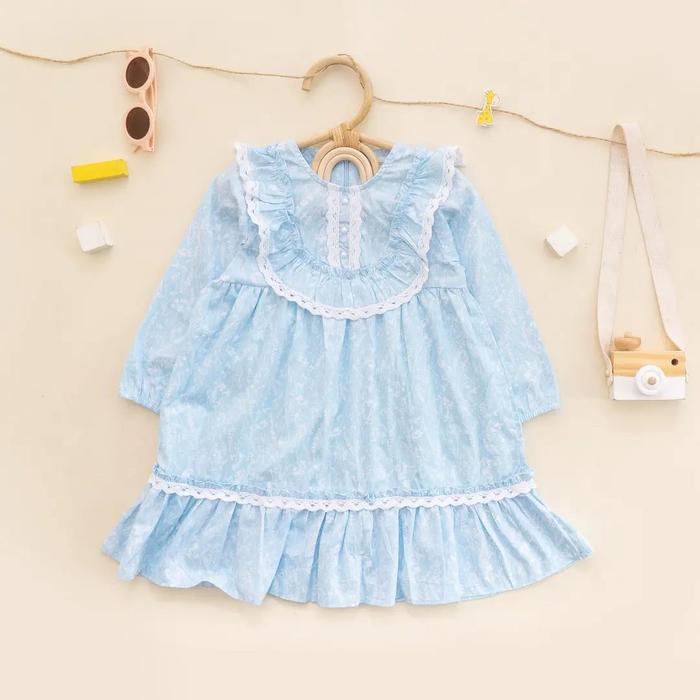 Gambar Dress anak rosemary cotton ruffle premium dress anak 1-6 tahun - blue, L dari ALIENWEAR STORE undefined Tokopedia