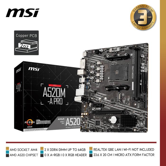 Gambar MSI - A520M-A PRO | Motherboard AMD Ryzen AM4 Micro ATX dari Nano Komputer undefined Tokopedia