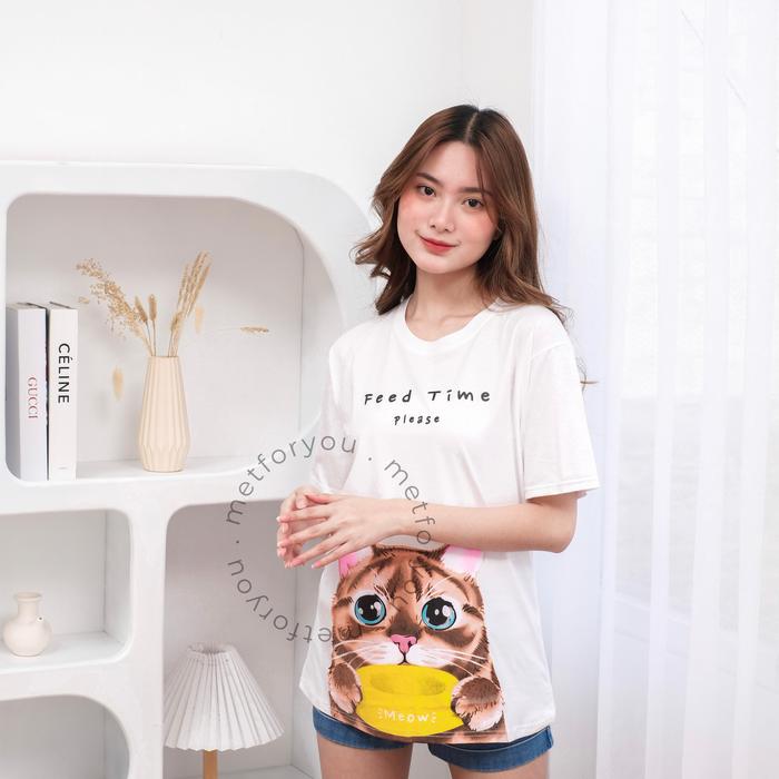 Gambar METFORYOU Kaos Wanita Oversize - Cat Feed Time - PUTIH , ALLSIZE LD 90 dari METFORYOU undefined Tokopedia