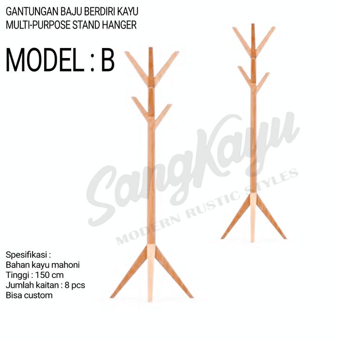 Gambar Gantungan baju berdiri stand hanger multi fungsi kayu stand tas topi - MODEL : B dari CV. Sangkayu undefined Tokopedia