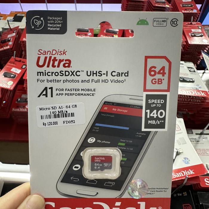Gambar Sandisk Ultra microSDXC UHSI A1 64GB 140 Mbps micro SD UHS I 64 GB - Speed 140 MB/s dari Click & Go Tokopedia undefined Tokopedia