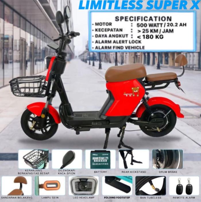 Gambar Sepeda Listrik Limitless Super X Electric Bike Moped 500 Watt Garansi - Merah dari Sepeda dan Motor Listrik undefined Tokopedia
