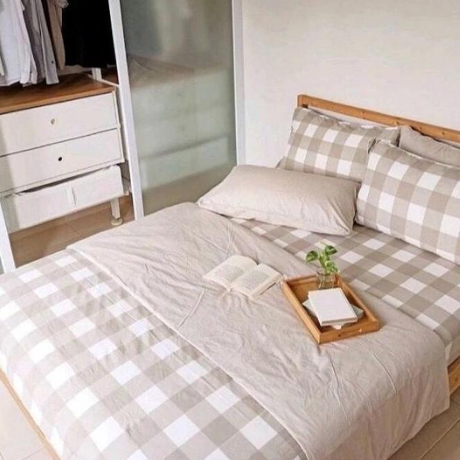 Gambar Bedcover set Sprei Aesthetic Korea Minimalis Ukuran 90 s/d 200 - Emily Khaki, 90x200 dari Syakira Bedding undefined Tokopedia