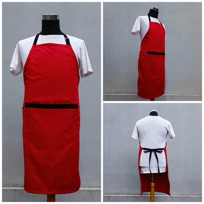 Gambar Apron Celemek Full 3 Saku untuk Koki Chef Waiters Baker Patissier - Merah - Hitam dari Apron Artisan Bandung TT undefined Tokopedia