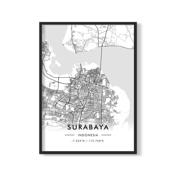 Gambar Poster "Surabaya Map" + Premium Frame Kayu 40x55cm Dengan Matboard - Hitam, Frame 50x70cm dari Poster House Gallery undefined 5 Tokopedia