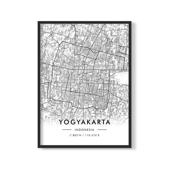 Gambar Poster "Yogyakarta Map" + Premium Frame Kayu 40x55cm Dengan Matboard - Hitam, Frame 30x40cm dari Poster House Gallery undefined Tokopedia