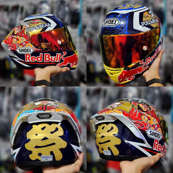 harga helm shoei x14 motegi X-Fifteen Marquez 4 Helmet Density EPS liner enhances impact absorption and ventilation Four shell and five EPS liner sizes Impact absorbing EPS liner throughout the entire chin bar Breath guard and chin curtain included Lightweight Shoei X14 Marquez Motegi Helmet
