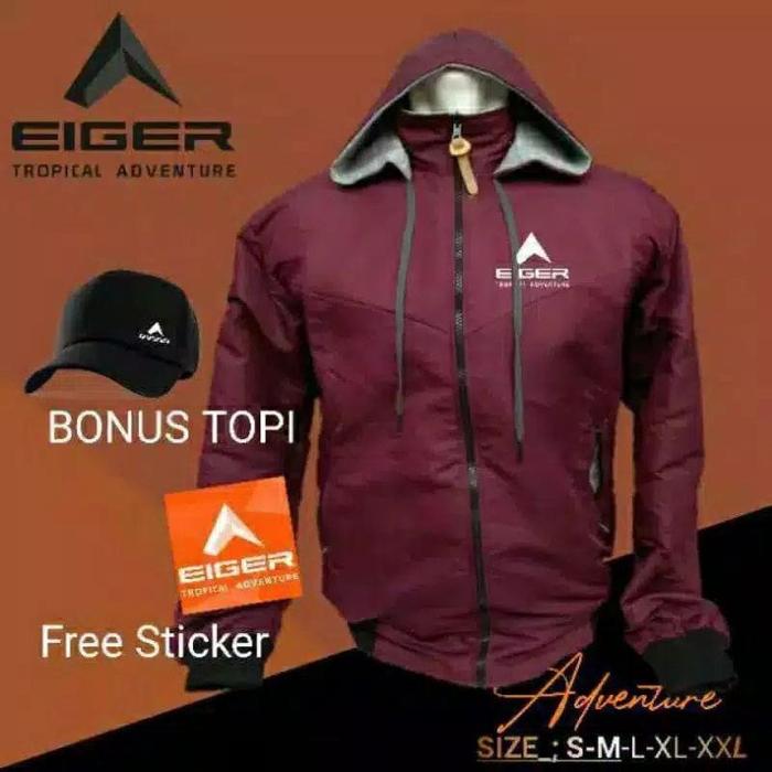 Jaket parasut Eiger waterproof anti air free topi stiker maroon, M