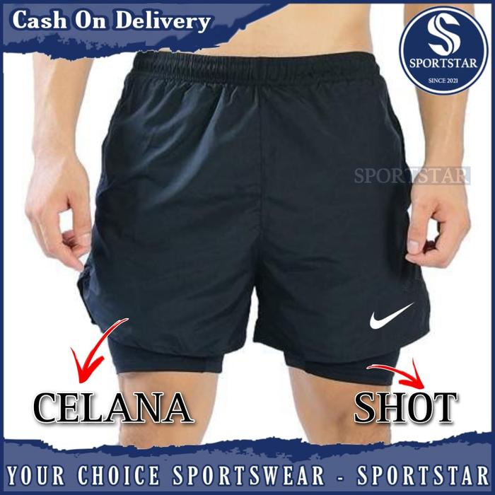 Gambar [2 IN 1] Celana Running / Celana Lari / Celana Pendek Parasut Unisex - NIKE, HITAM - L dari SPORTSTAR undefined Tokopedia
