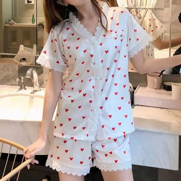 Gambar BAJU TIDUR SETELAN PIYAMA WANITA BAHAN SUTRA TENCEL MOTIF LOVE - Merah, M dari Feina Mart undefined Tokopedia