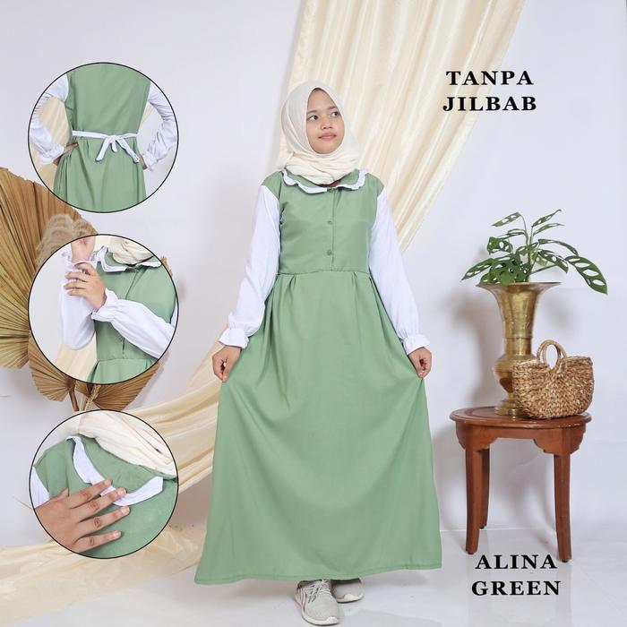 Gambar baju muslim gamis anak perempuan tanggung remaja usia 11-13 tahun - ALINA GREEN, all size dari begayaa undefined Tokopedia