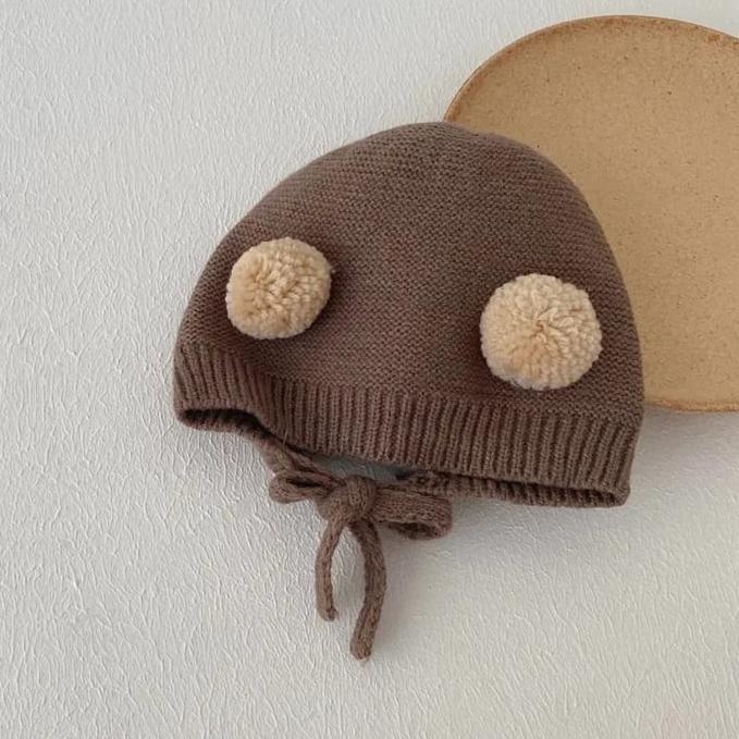 Gambar Topi kupluk anak unisex usia 0-2 tahun Motif POM RAJUT Import Premium - DARK GREY dari Puffy Kiddo undefined Tokopedia