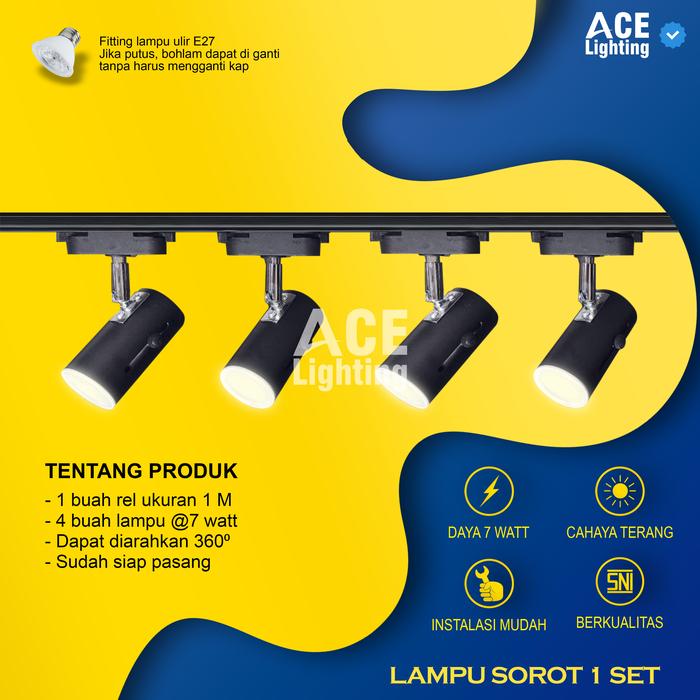 Gambar Paket Lampu sorot rel 1 set isi 4 spotlight track light rell - Set Body Hitam, Kuning Warm dari ACE LIGHTING undefined Tokopedia