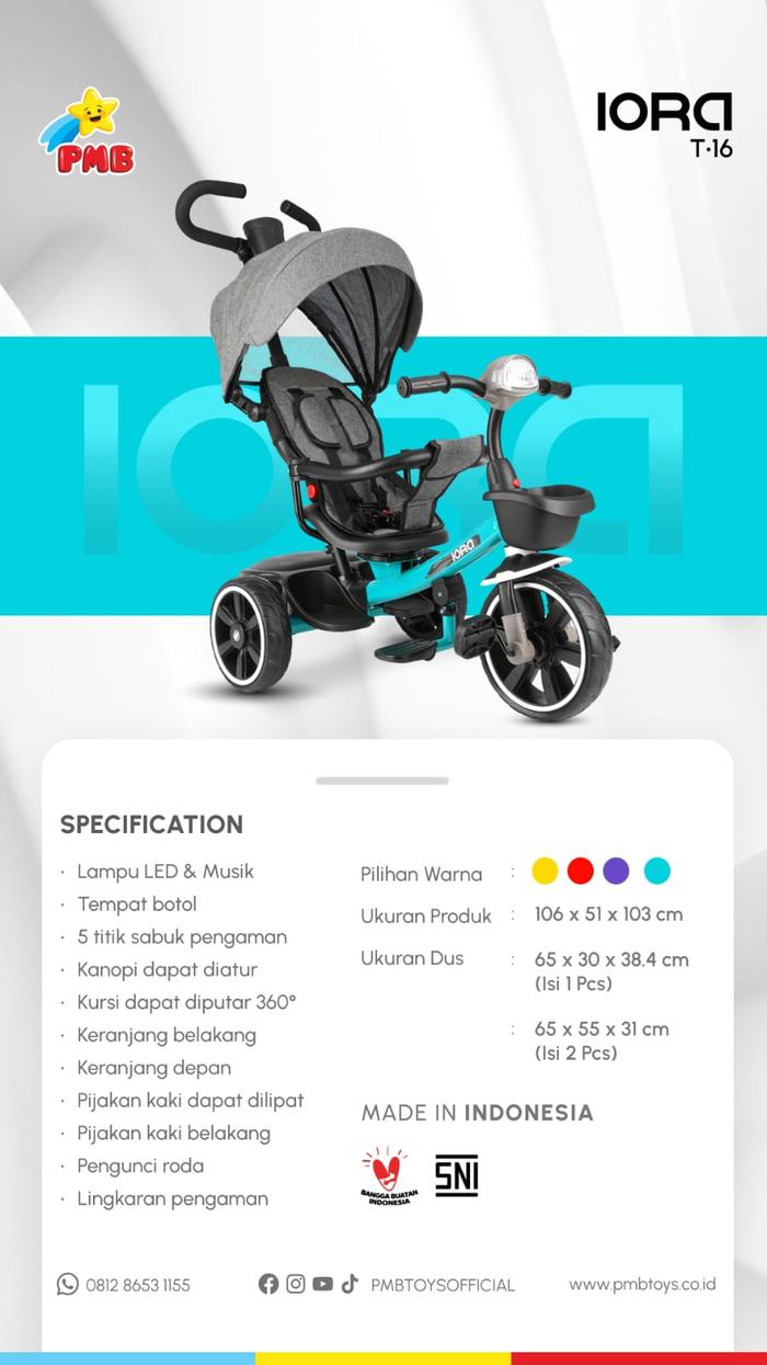 Gambar TRICYCLE IORA T16 PMB T 16 SEPEDA ANAK RODA TIGA BABY STROLLER - Biru dari distributorsepeda undefined Tokopedia