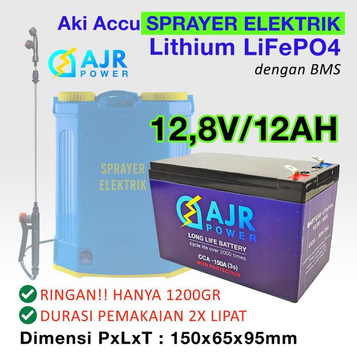 Gambar Aki Accu Sprayer elektrik Lithium LiFePo4 12V 12AH dgn BMS 1250g awet dari AJR LIGHT undefined Tokopedia