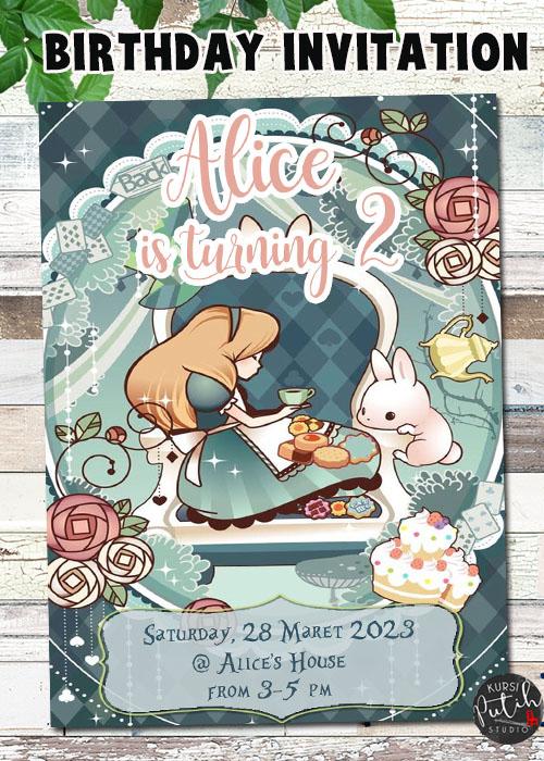 Gambar Undangan Ulang Tahun Anak Birthday Invitation tema alice in wonderland dari KursiPutihStudio_NEW undefined Tokopedia
