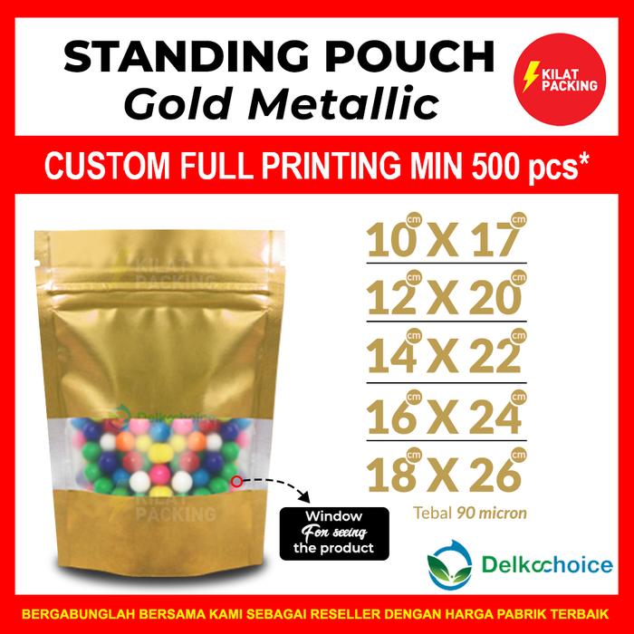Gambar STANDING POUCH KEMASAN SNACK PREMIUM TERMURAH - GOLD METALLIC VARIAN - 18CM X 26CM dari kilat packing undefined Tokopedia